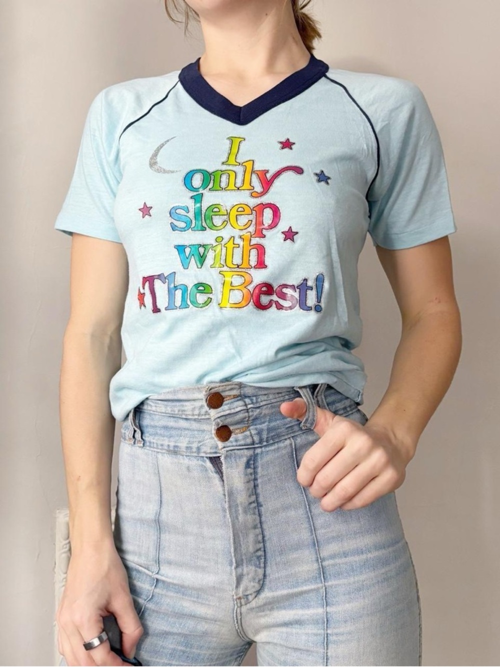 70s Light Blue Ringer Tee with Colorful "I Only Sleep With The Best!" Graphic